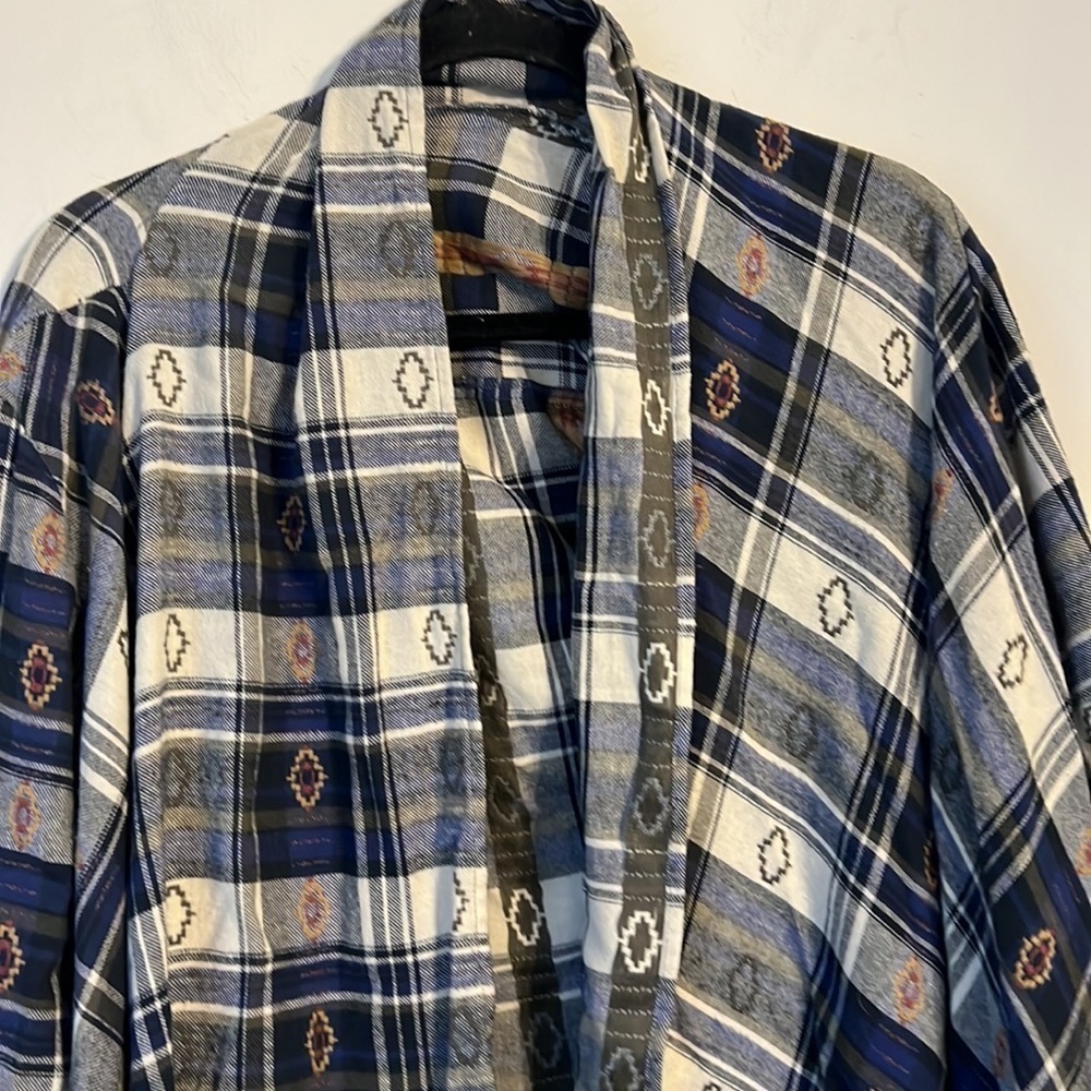 En Creme Blue Blue Plaid Open Front‎ Crinkle Draped Fringe Cardigan M ♣️ - Picture 2 of 6